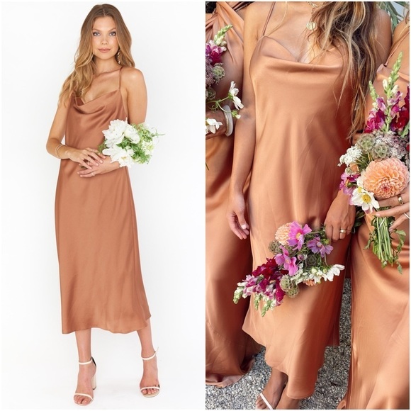SHOW ME YOUR MUMU Verona Cowl Dress In Copper Luxe Satin - Picture 1 of 6